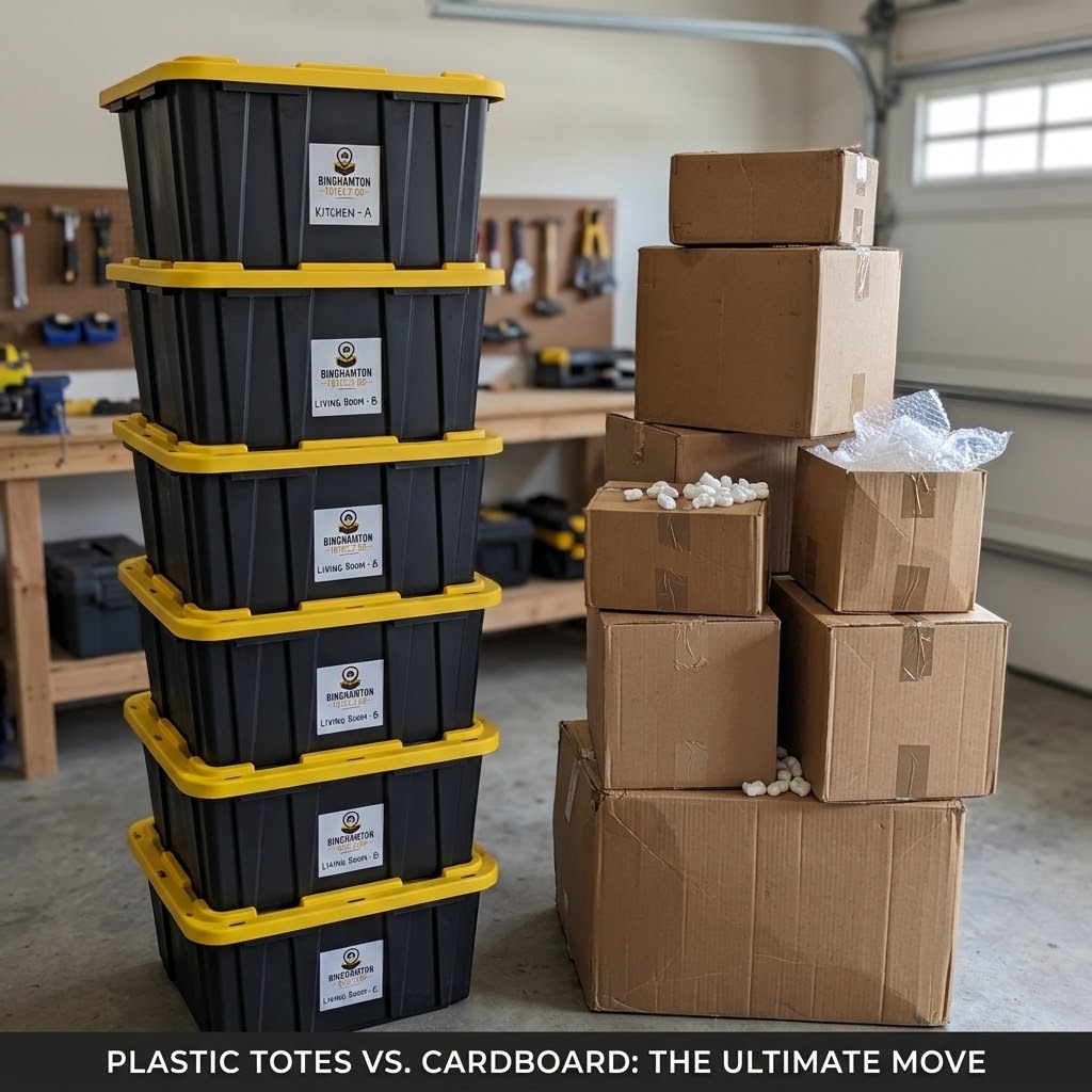 Stack of plastic moving totes next to a stack of cardboard boxes