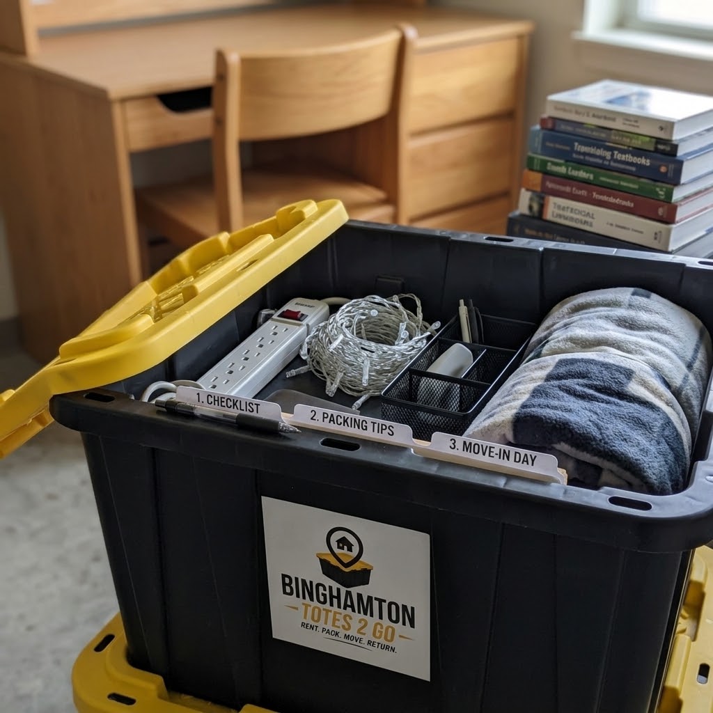 Open dorm tote packed with power strip, string lights, and blanket
